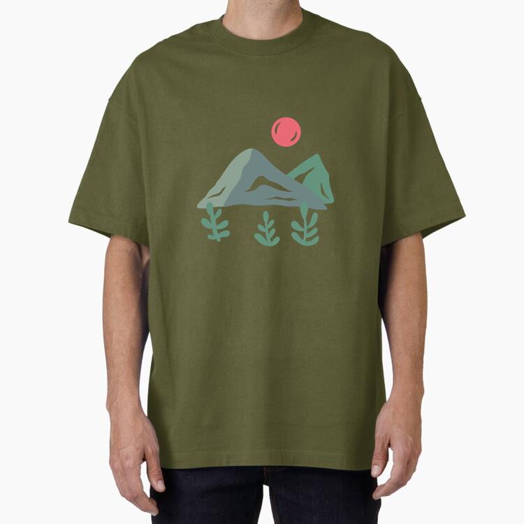 Abstract Mountain Landscape Illustration With Vibrant Sun Oversized T-Shirt